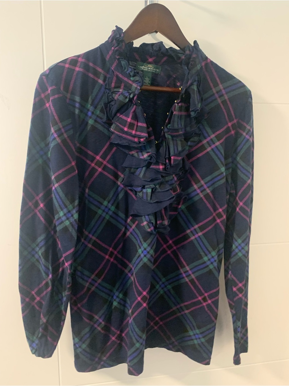 Ralph Lauren Navy Plaid Ruffled Long-Sleeve Top W13